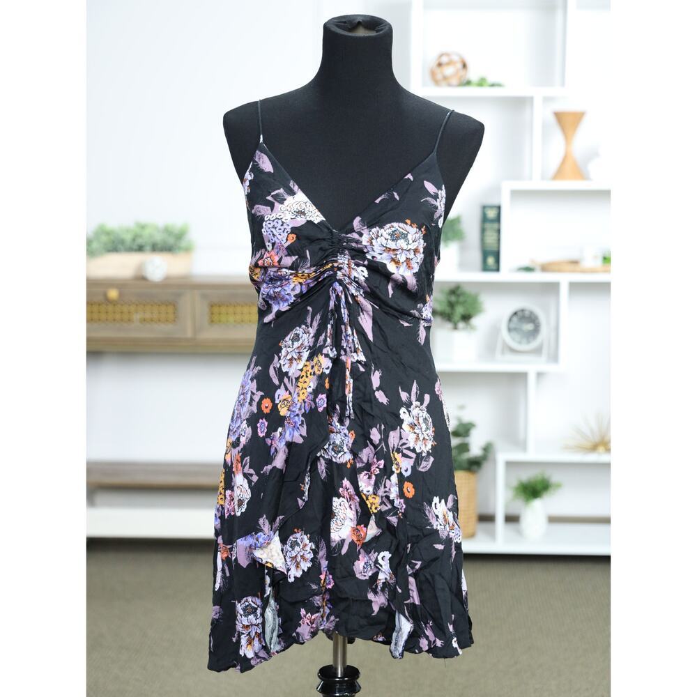 Free People Black Floral Mini Dress Boho Ruched Tie Front Festival Babydoll S - Picture 4 of 16